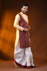Cream cotton silk embroidery kurta for men with fish motif design 4
