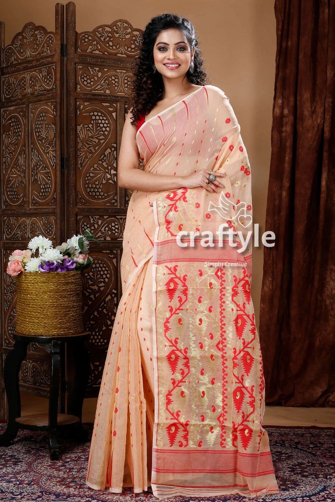Cream custard color traditional jamdani saree peach-colored red floral embroidery 1