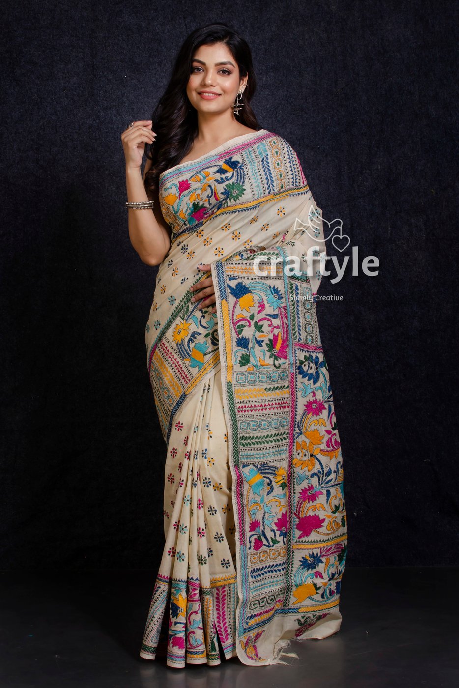 Cream Tussar Silk Kantha Stitch Saree-Craftyle