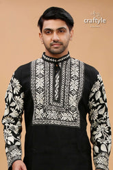 Cream-white and black kantha stitch cotton mens kurta intricate white 2