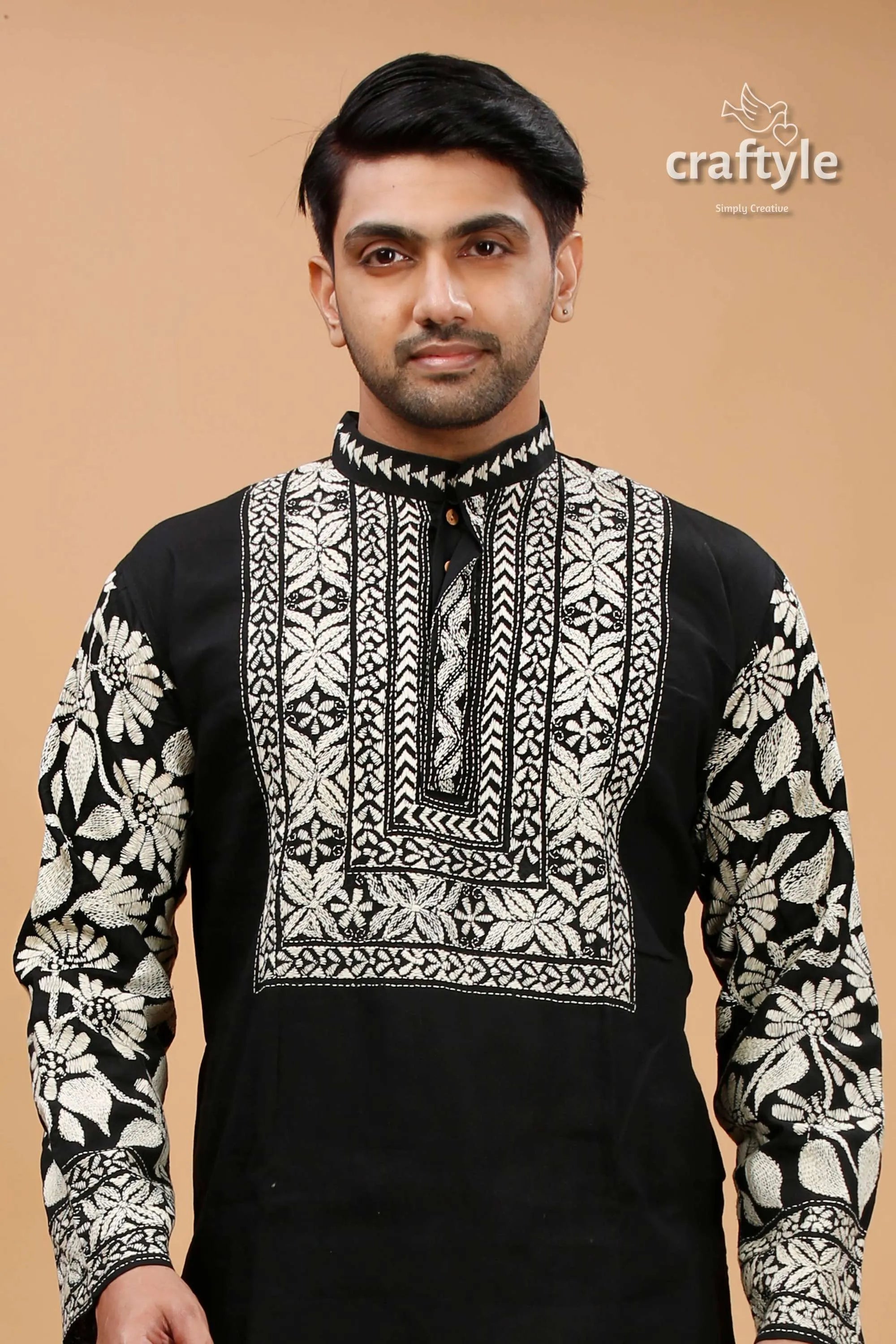 Cream-white and black kantha stitch cotton mens kurta intricate white 2