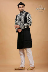 Cream-white and black kantha stitch cotton mens kurta embroidered white floral 3