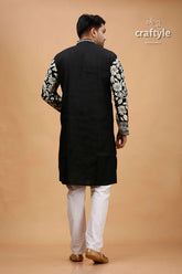 Cream-white and black kantha stitch cotton mens kurta intricate white floral 5