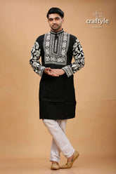 Cream-white and black kantha stitch cotton mens kurta intricate white embroidery 1
