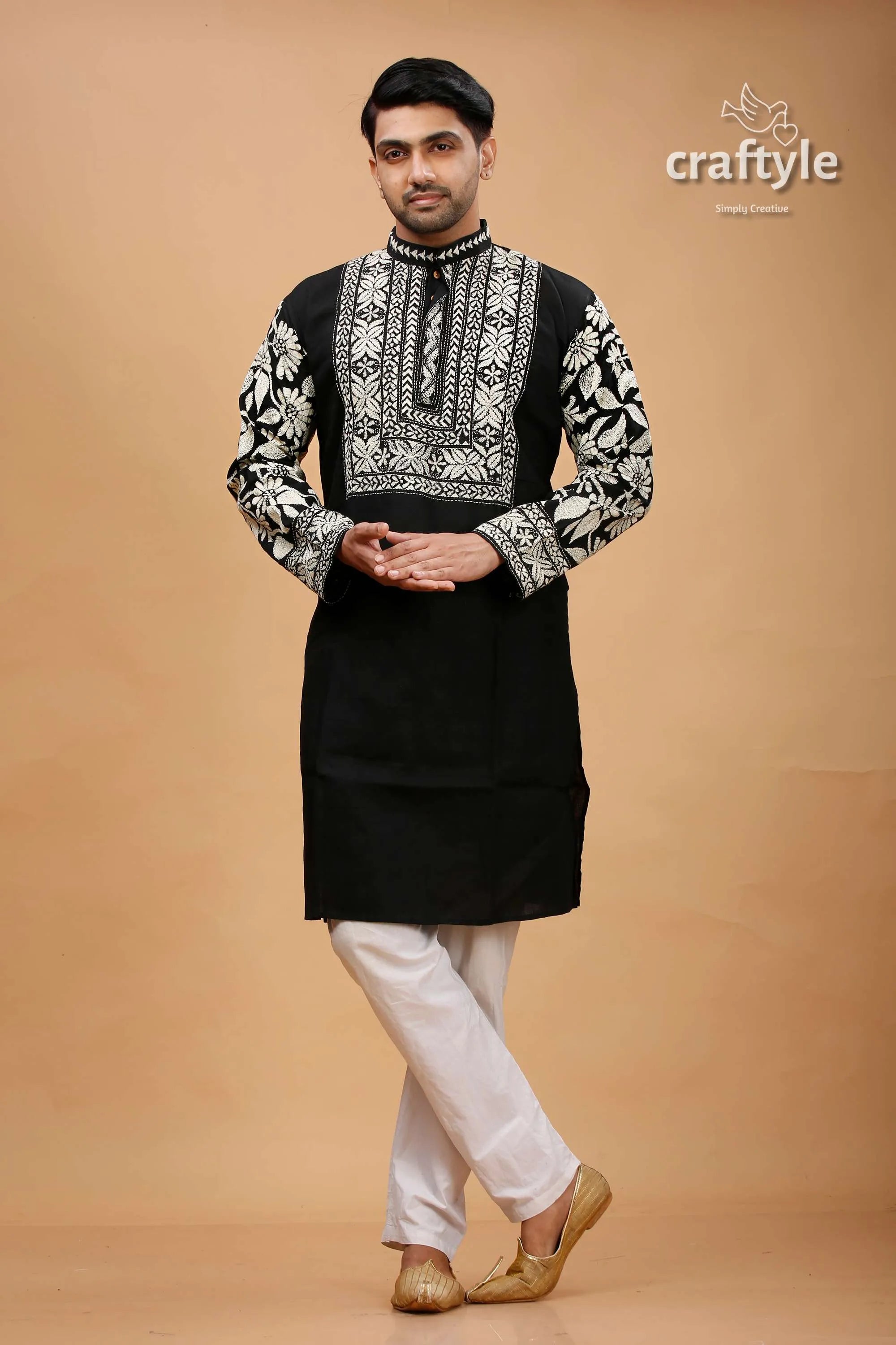 Cream-white and black kantha stitch cotton mens kurta intricate white embroidery 1