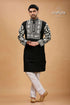 Cream-white and black kantha stitch cotton mens kurta intricate white embroidery 1