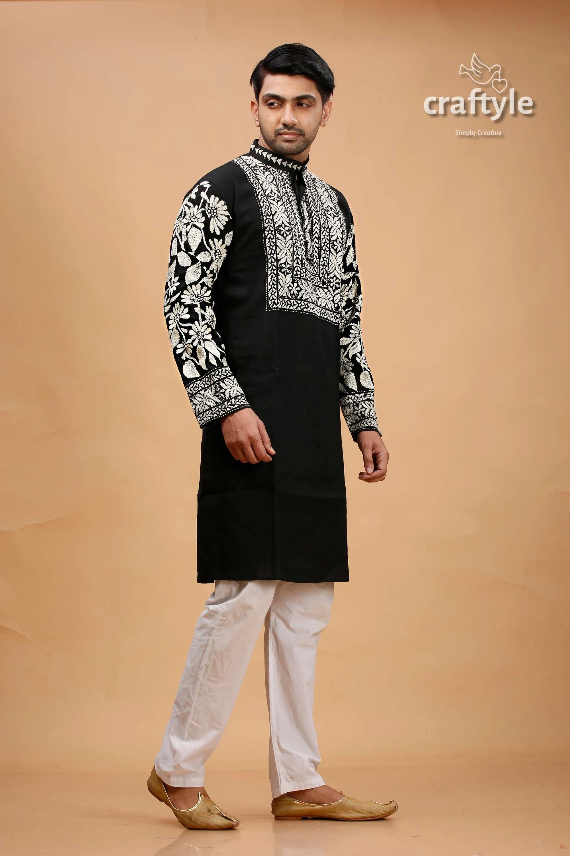 Cream-white and black kantha stitch cotton mens kurta intricate white floral 4
