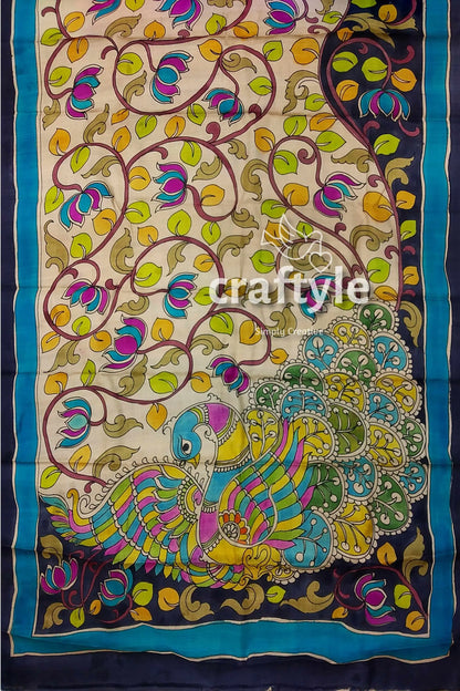 Cream white black pure tussar kalamkari sari - handcrafted peacock motif hand-painted silk saree peacock floral 5