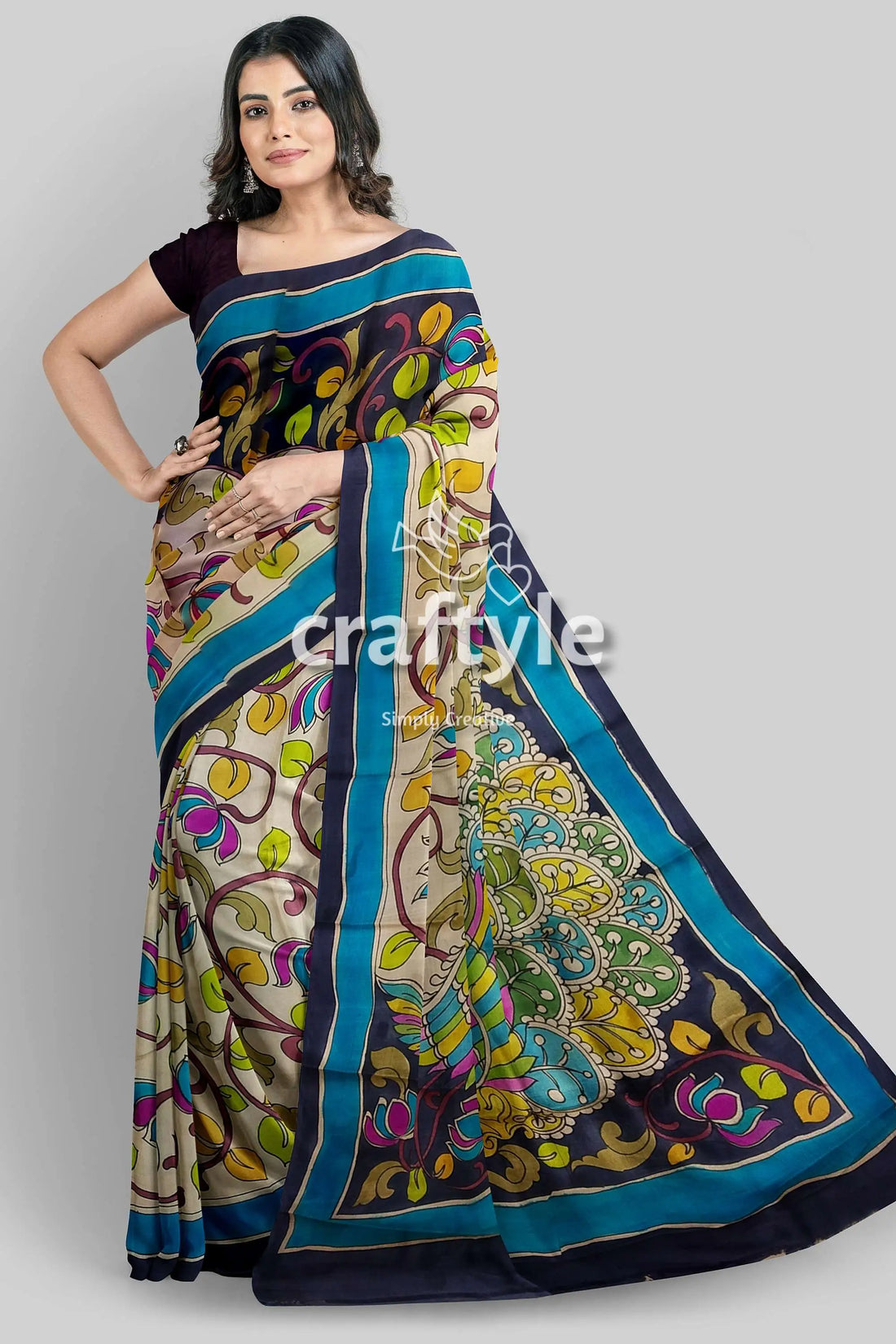 Cream white black pure tussar kalamkari sari - handcrafted peacock motif woman colorful saree 1