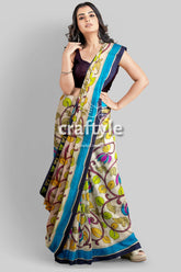 Cream White Black Pure Tussar Kalamkari Sari - Handcrafted Peacock Motif - Craftyle