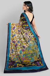 Cream White Black Pure Tussar Kalamkari Sari - Handcrafted Peacock Motif - Craftyle