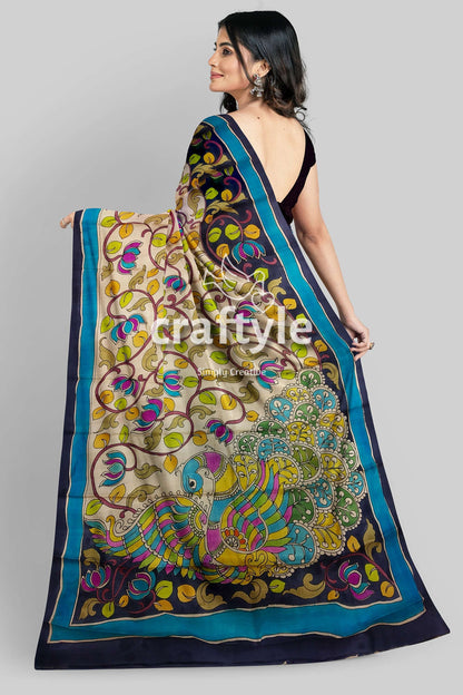 Cream White Black Pure Tussar Kalamkari Sari - Handcrafted Peacock Motif - Craftyle