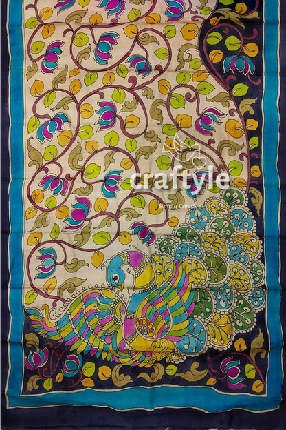 Cream White Black Pure Tussar Kalamkari Sari - Handcrafted Peacock Motif - Craftyle
