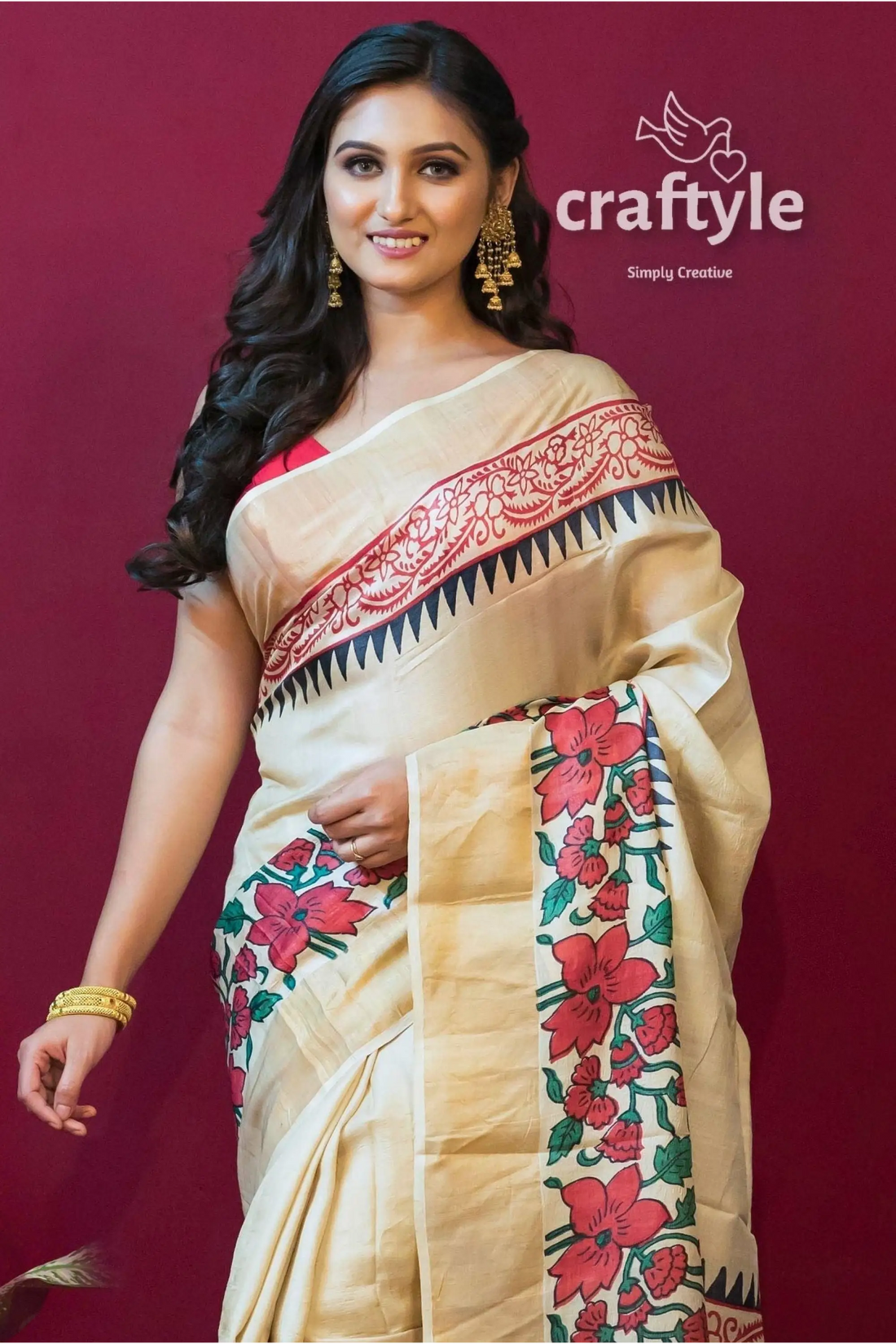 Cream white block printed zari pure tussar silk sarees with blouse piece woman cream-colored saree red floral 2