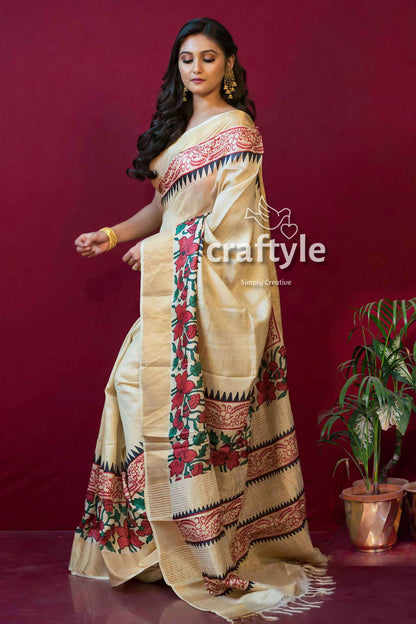 Cream White Block Printed Zari Pure Tussar Silk Sarees with Blouse Piece - Craftyle