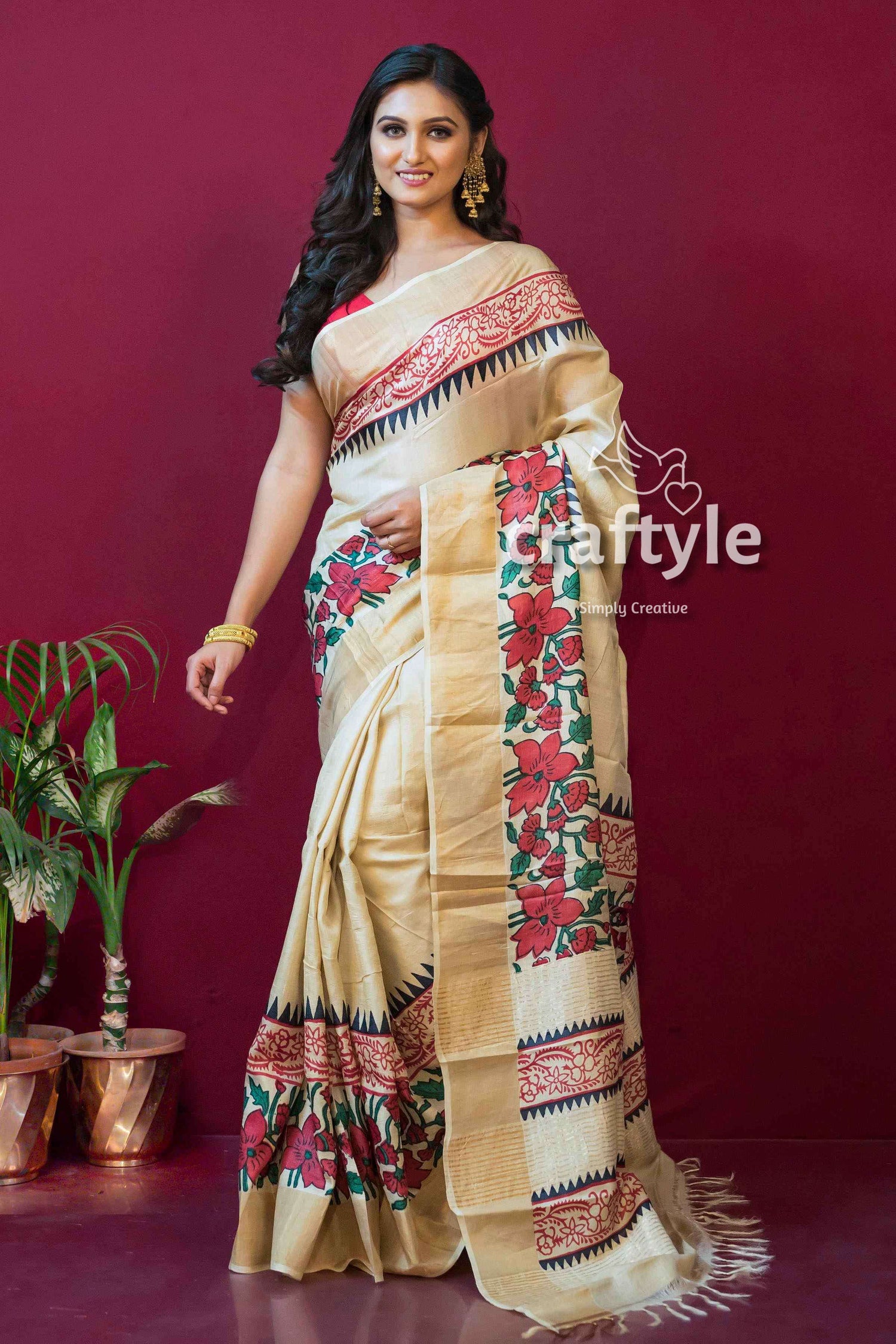 Cream White Block Printed Zari Pure Tussar Silk Sarees with Blouse Piece - Craftyle