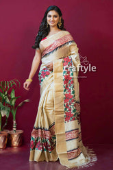 Cream White Block Printed Zari Pure Tussar Silk Sarees with Blouse Piece - Craftyle