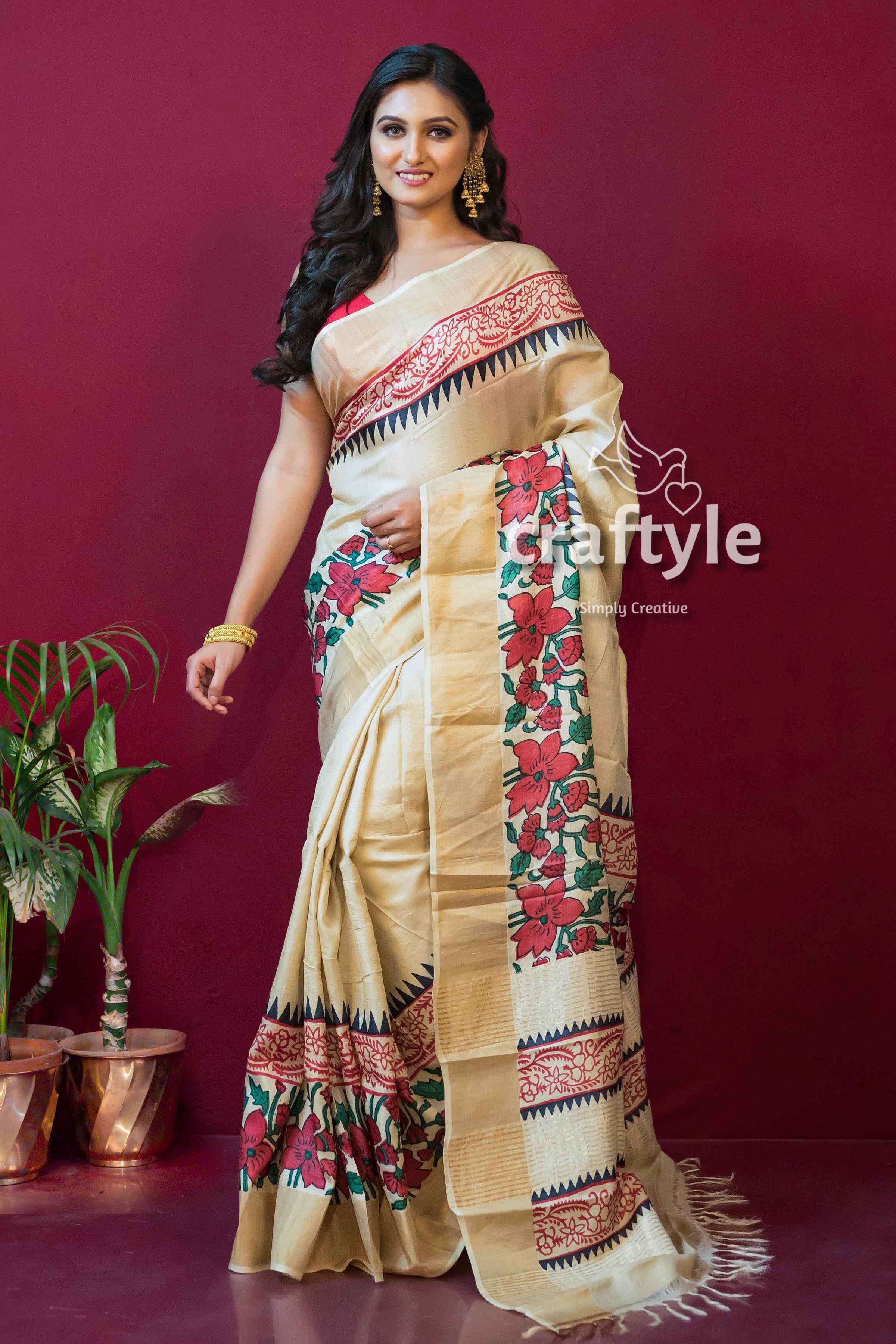 Cream White Block Printed Zari Pure Tussar Silk Sarees with Blouse Piece - Craftyle