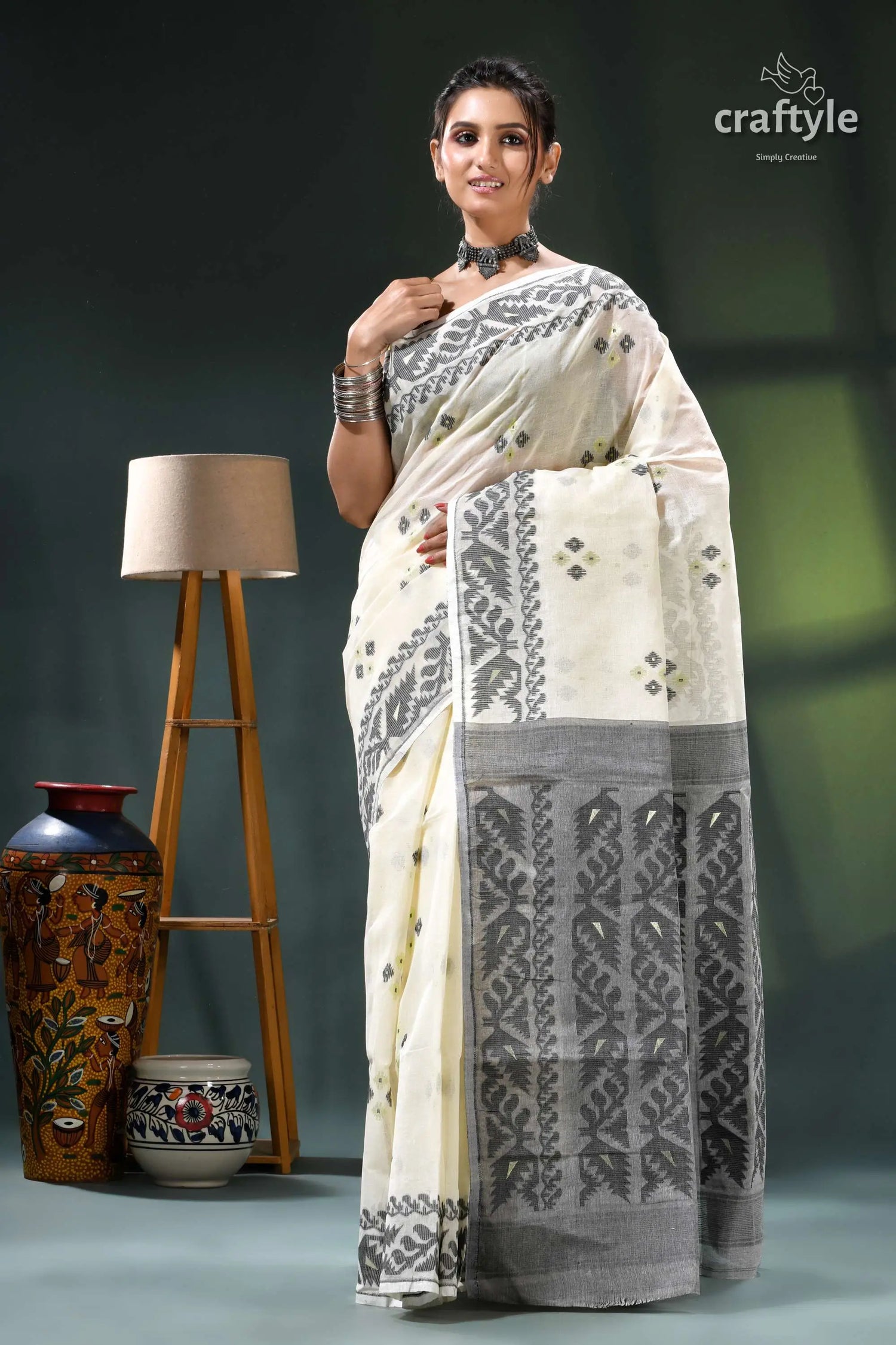 Cream white elegant design cotton jamdani saree white gray saree intricate black 5