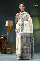 Cream white elegant design cotton jamdani saree white gray saree intricate black 5