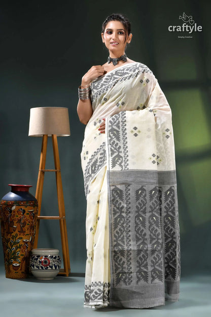 Cream white elegant design cotton jamdani saree white gray saree intricate black 5
