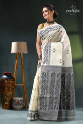 Cream white elegant design cotton jamdani saree cream grey saree intricate black 3