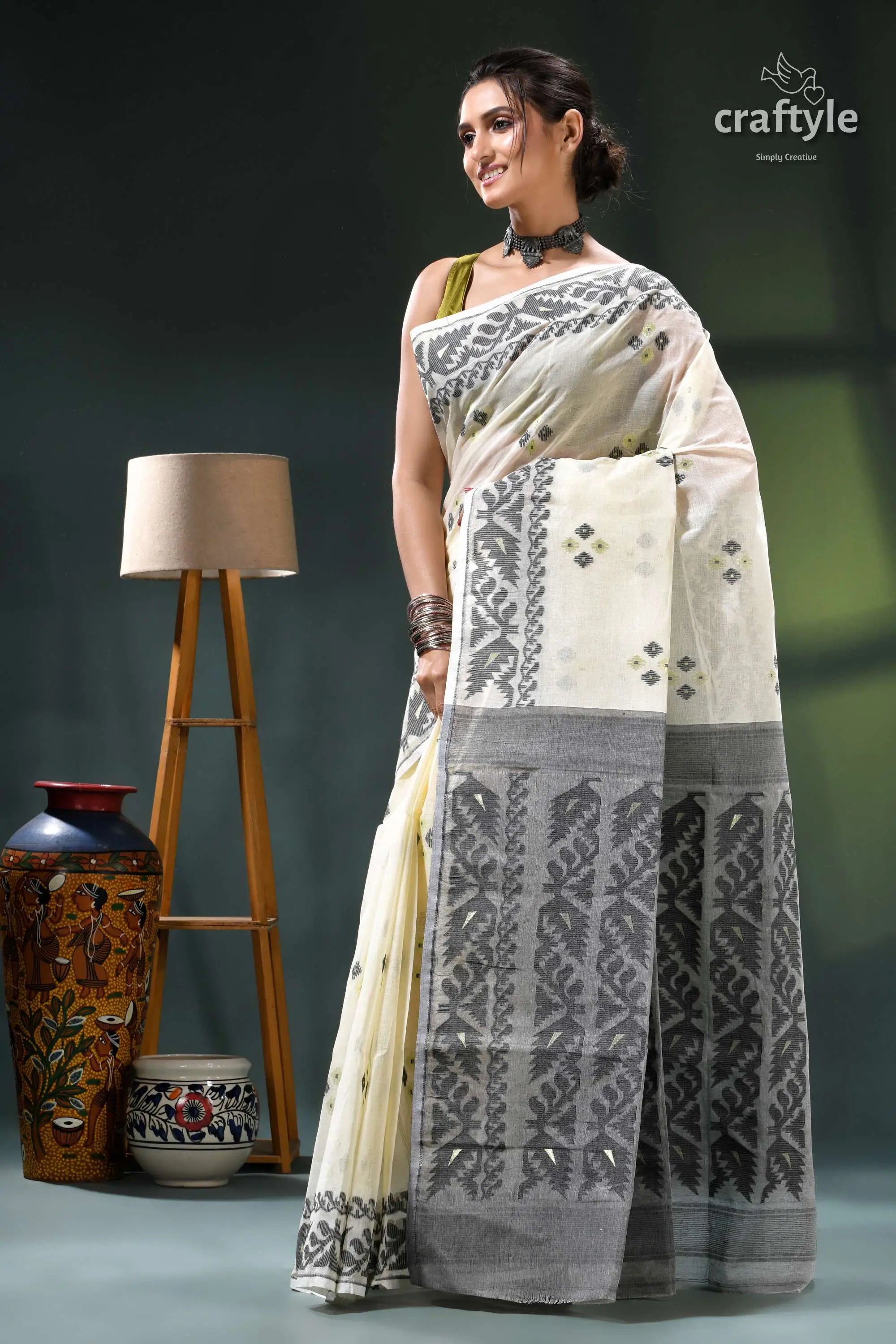 Cream white elegant design cotton jamdani saree cream grey saree intricate black 3