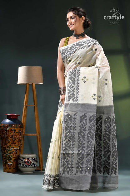 Cream white elegant design cotton jamdani saree cream grey saree intricate black 3