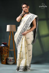 Cream white elegant design cotton jamdani saree cream black saree intricate embroidery 6