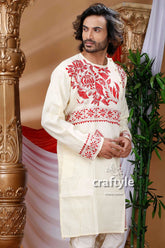Cream white floral design kantha work cotton punjabi for men cream-colored kurta intricate red embroidery 2