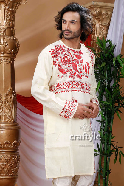Cream white floral design kantha work cotton punjabi for men cream-colored kurta intricate red embroidery 2