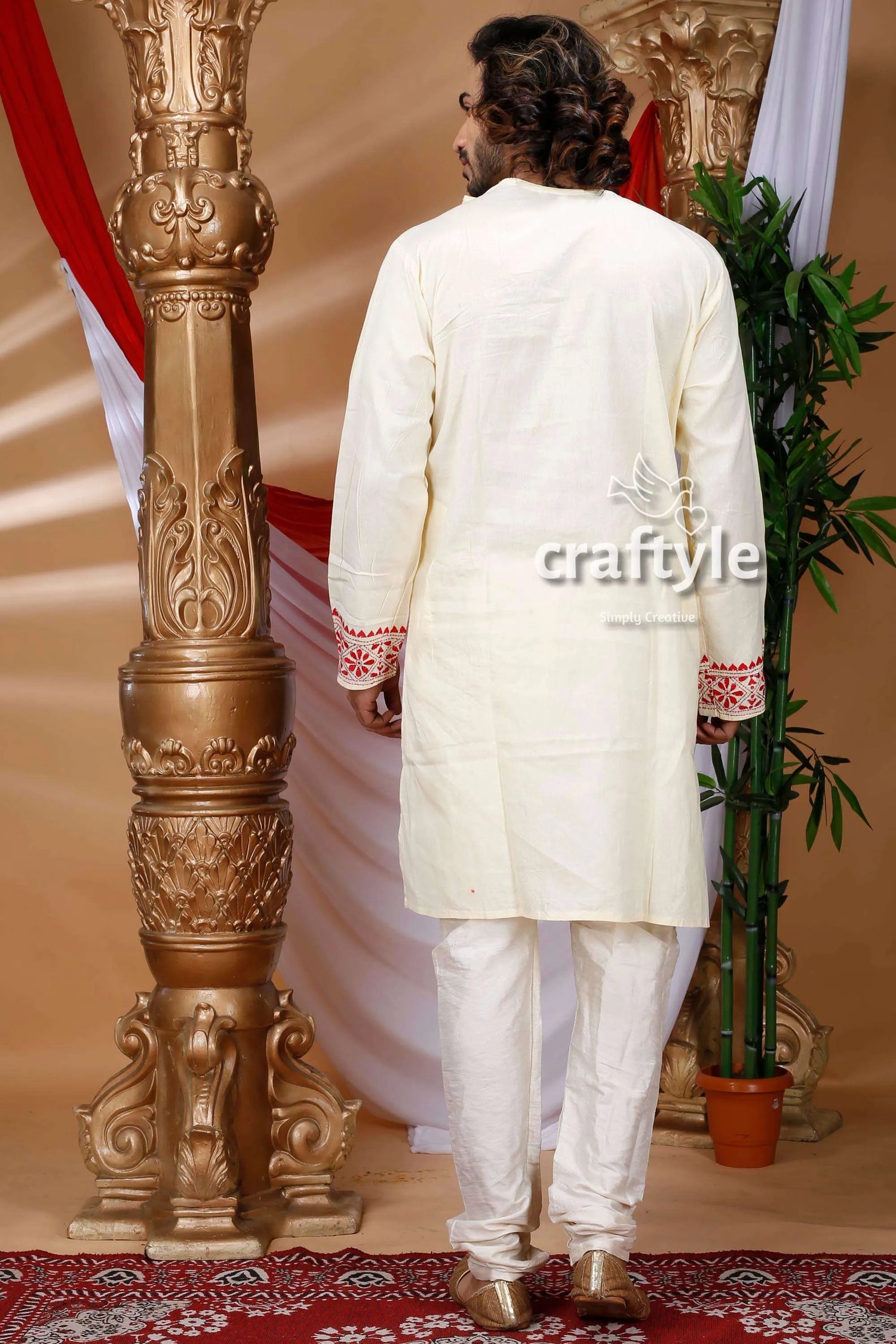 Cream white floral design kantha work cotton punjabi for men man cream-colored long-sleeved kurta intricate 4