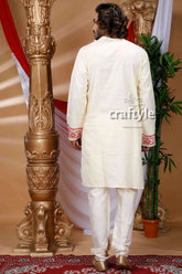 Cream white floral design kantha work cotton punjabi for men man cream-colored long-sleeved kurta intricate 4