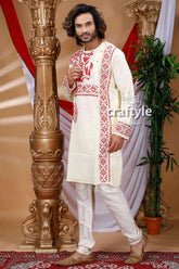 Cream white floral design kantha work cotton punjabi for men cream-colored kurta intricate red embroidery 3