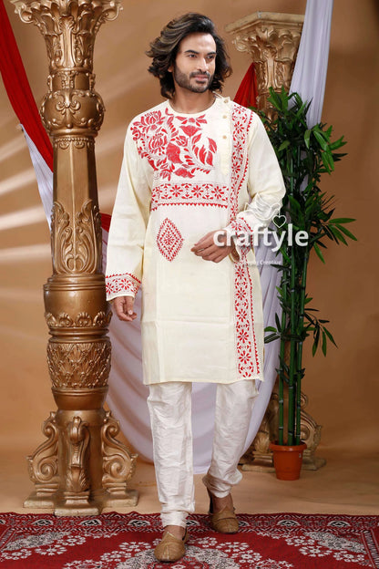 Cream white floral design kantha work cotton punjabi for men cream-colored kurta intricate red embroidery 1