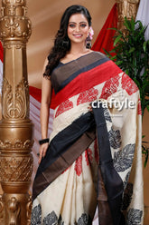 Cream white hand block printed pure tussar silk saree for women woman patterned saree 2