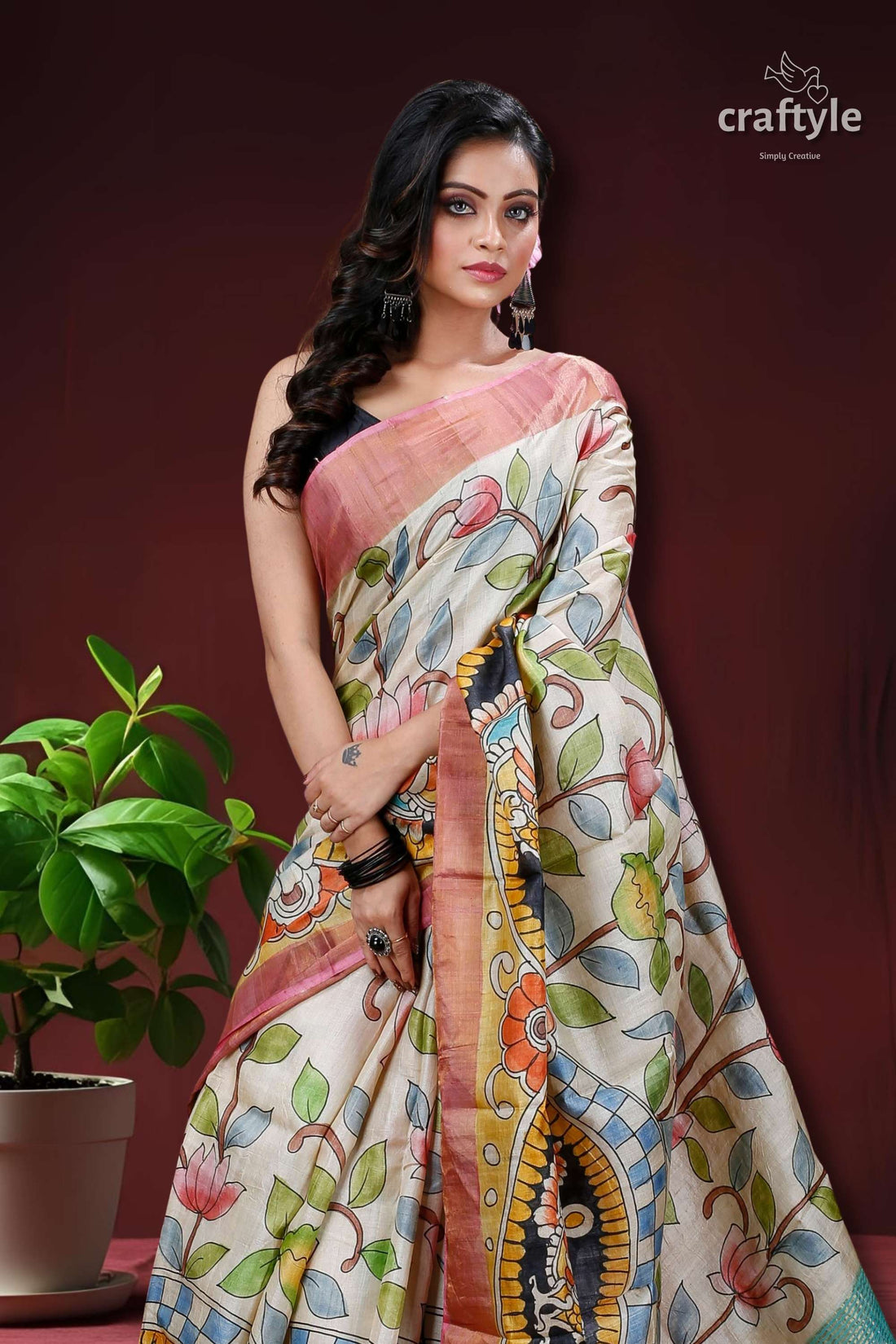 Cream White Hand Painted Zari Pure Tussar Kalamkari Saree-Craftyle