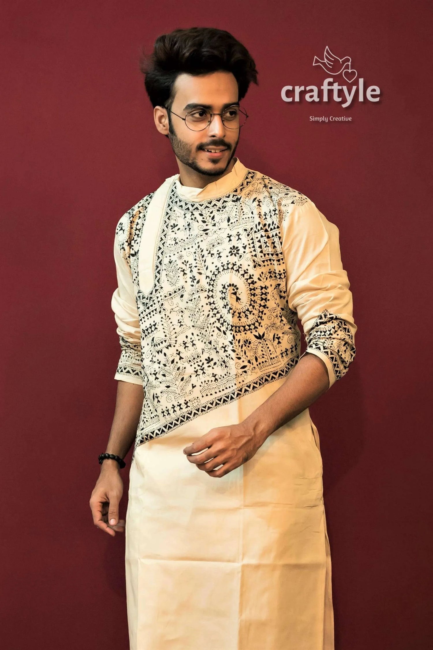 Cream white kantha stitch hand embroidered cotton panjabi for men men’s cream-colored kurta black 4