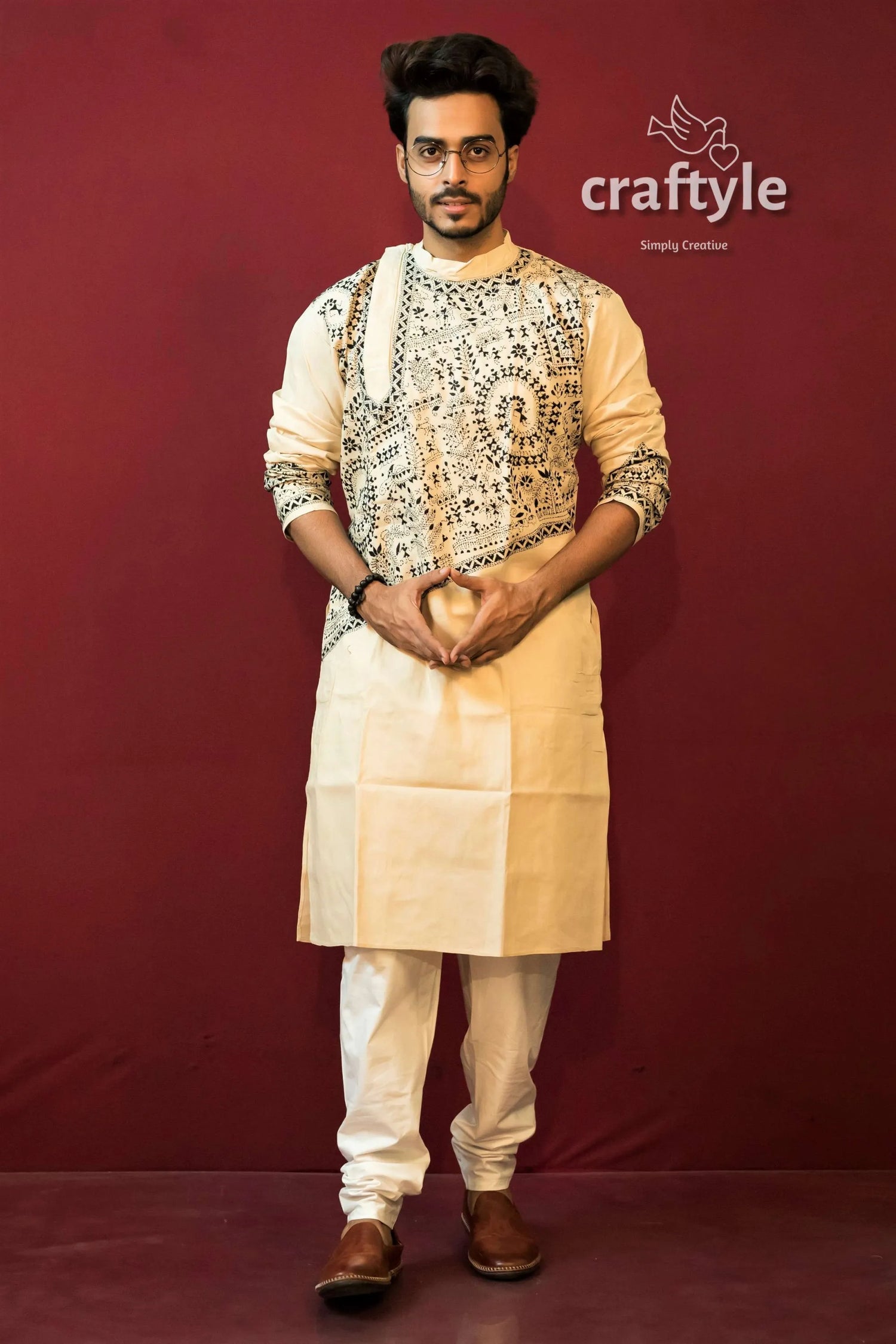 Cream white kantha stitch hand embroidered cotton panjabi for men cream-colored kurta black 5
