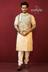 Cream white kantha stitch hand embroidered cotton panjabi for men cream-colored kurta black 5