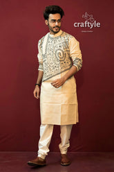 Cream white kantha stitch hand embroidered cotton panjabi for men men’s cream-colored kurta set black 3