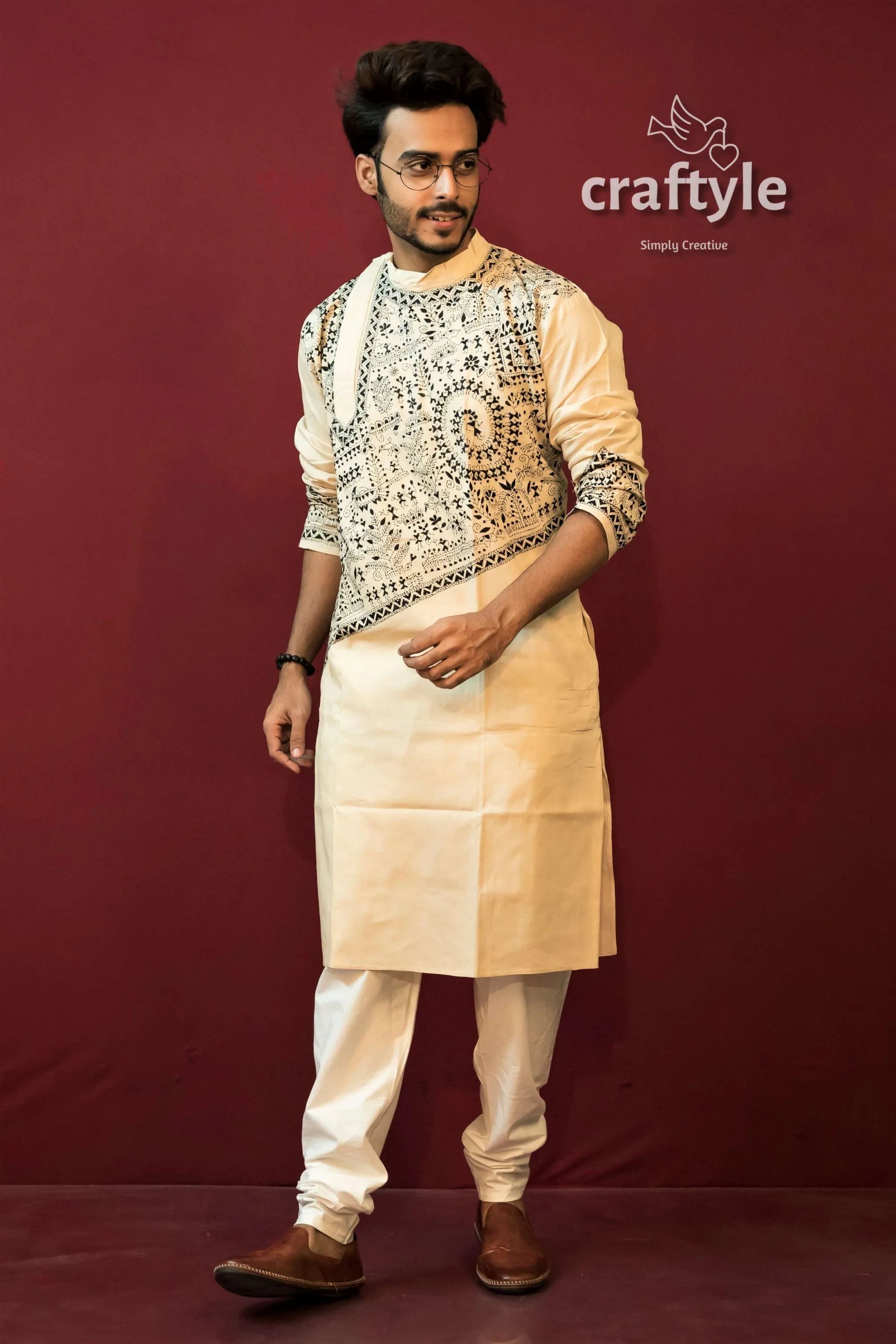 Cream white kantha stitch hand embroidered cotton panjabi for men men’s cream-colored kurta set black 3