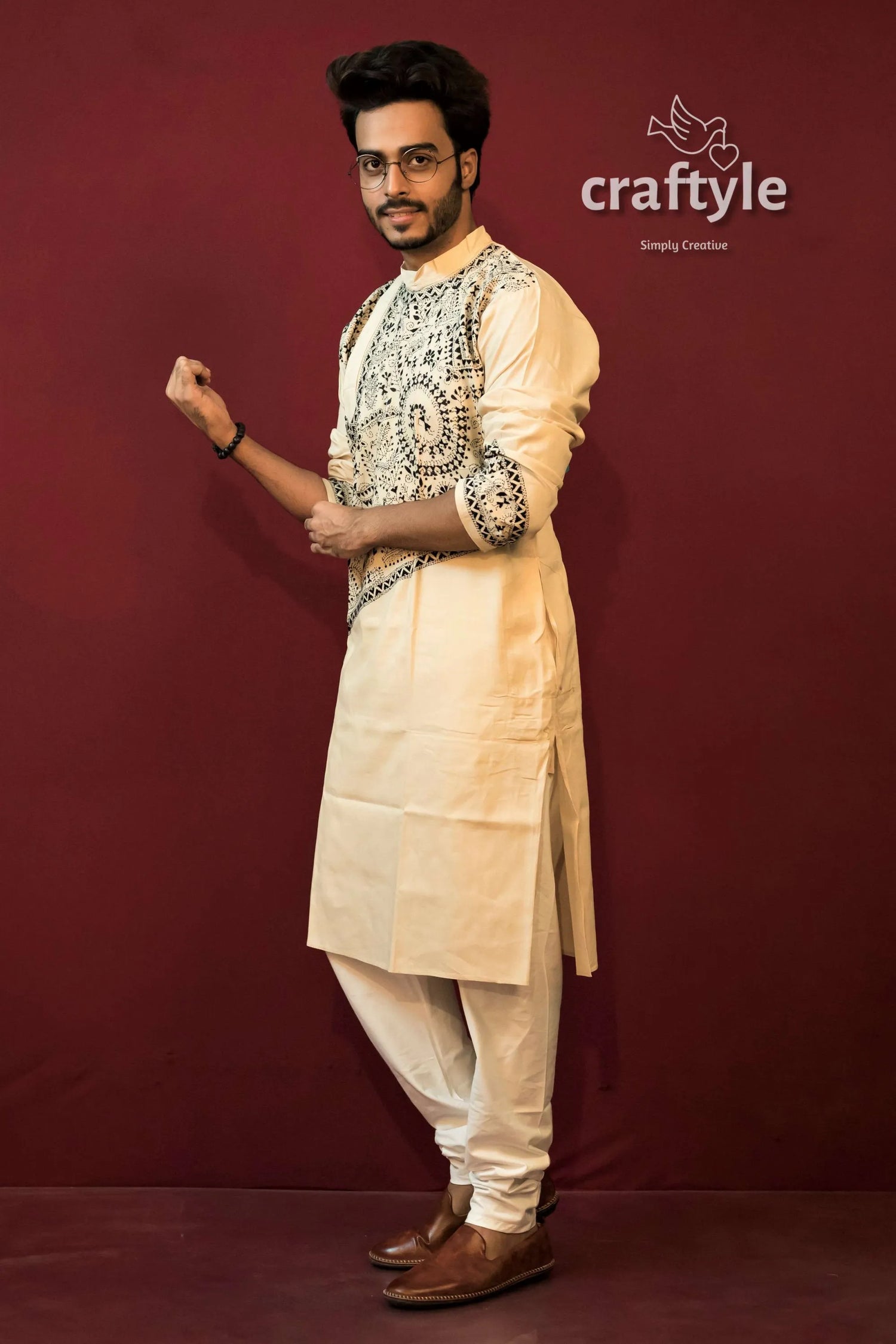 Cream white kantha stitch hand embroidered cotton panjabi for men man cream-colored kurta black 2