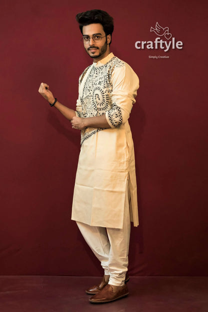 Cream white kantha stitch hand embroidered cotton panjabi for men man cream-colored kurta black 2