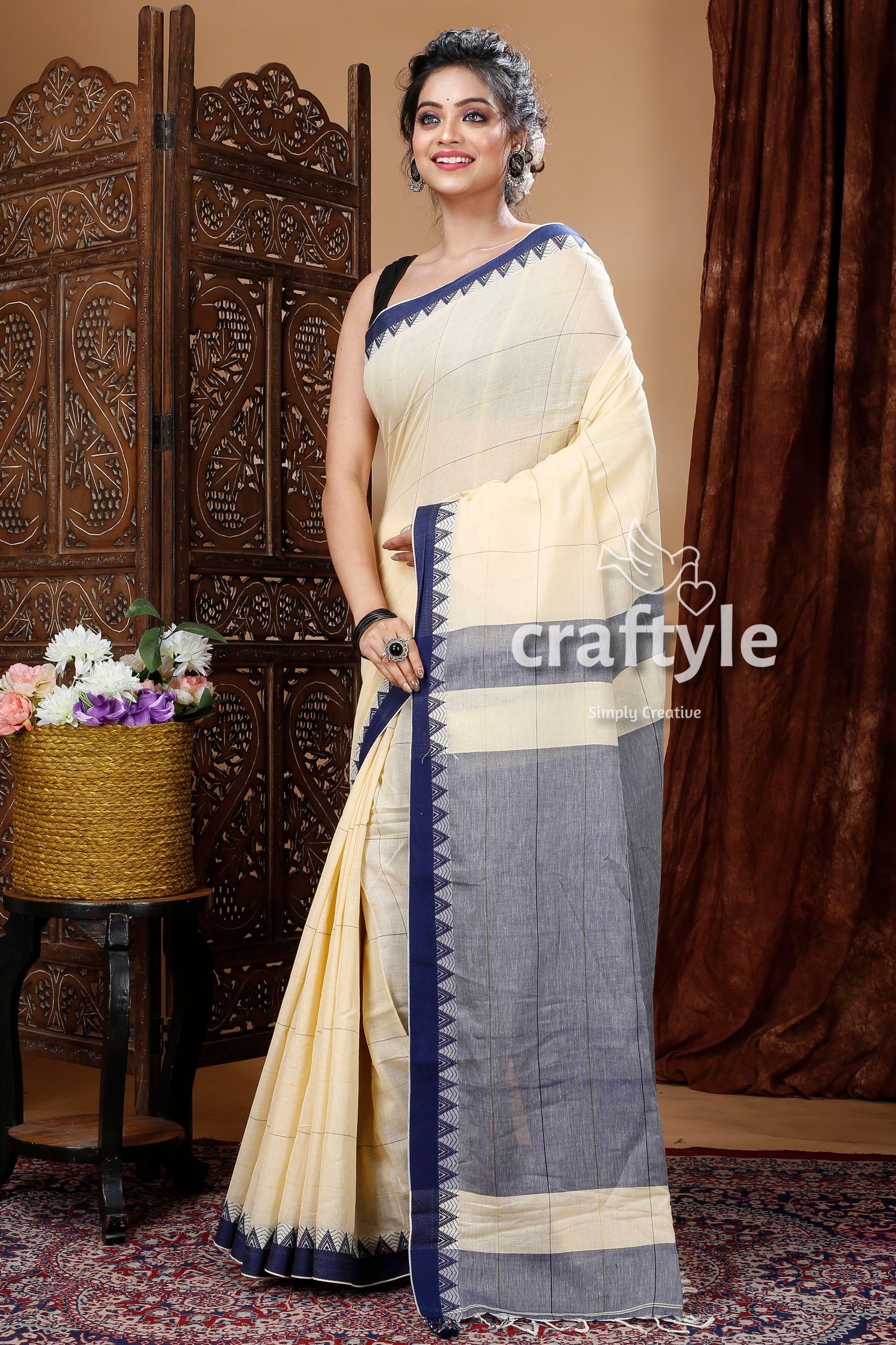 Cream White Lightweight Handloom Cotton Sari-Craftyle