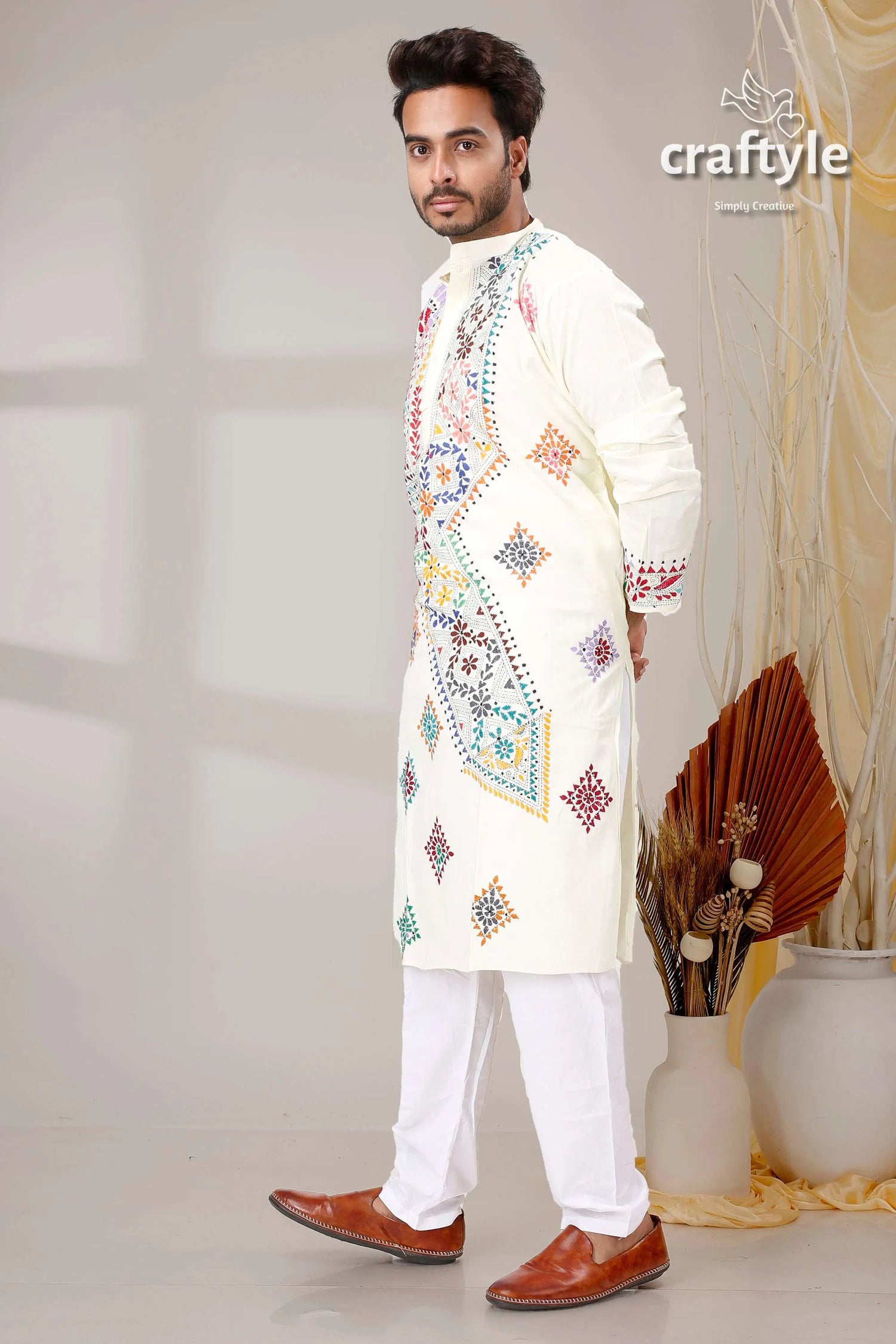 Cream white multicolor thread kantha hand embroidered men’s kurta colorful geometric 4
