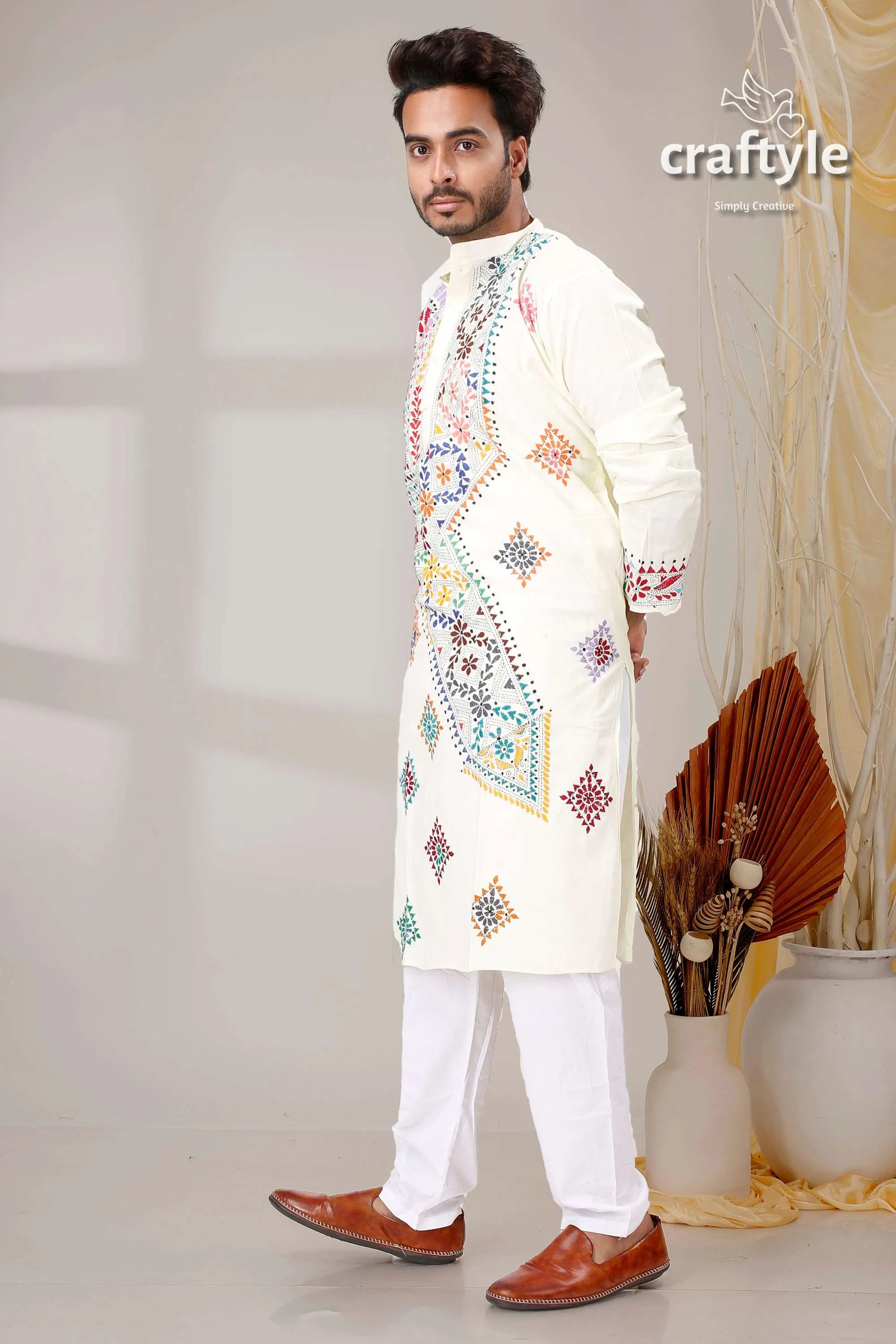 Cream white multicolor thread kantha hand embroidered men’s kurta colorful geometric 4
