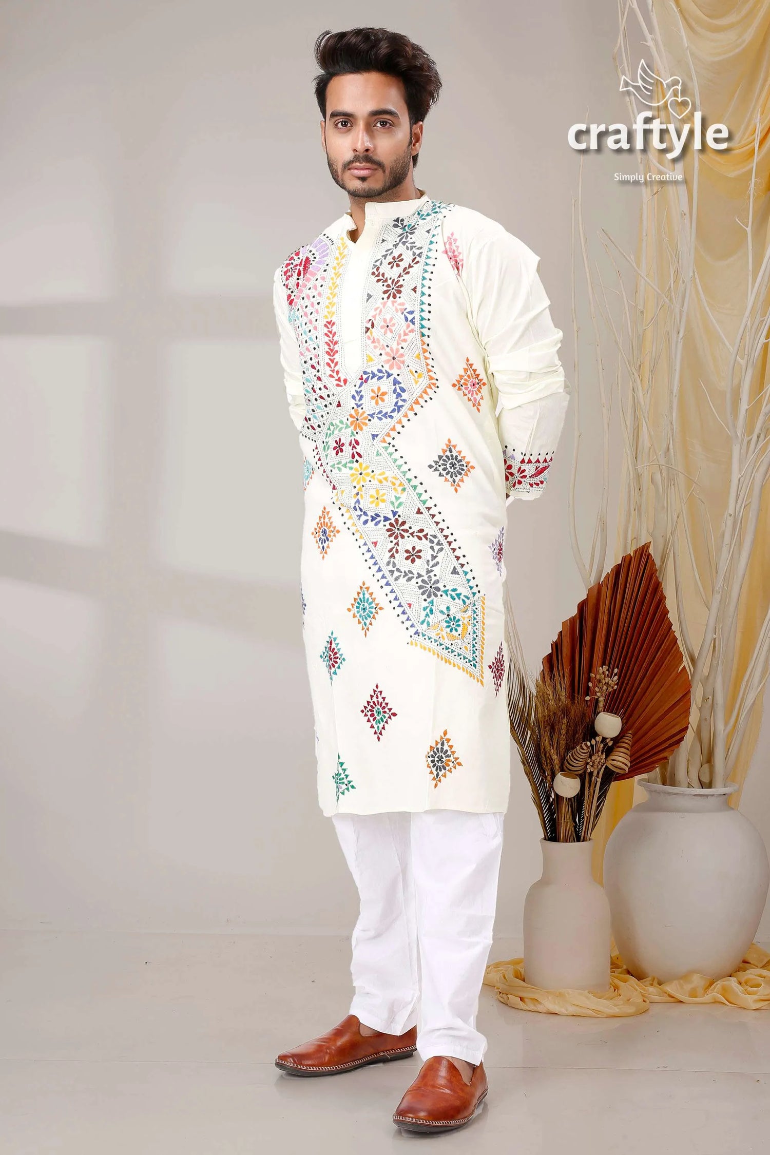 Cream white multicolor thread kantha hand embroidered men’s kurta man colorful 3