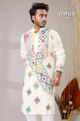 Cream white multicolor thread kantha hand embroidered men’s kurta cream-colored intricate multicolored 2