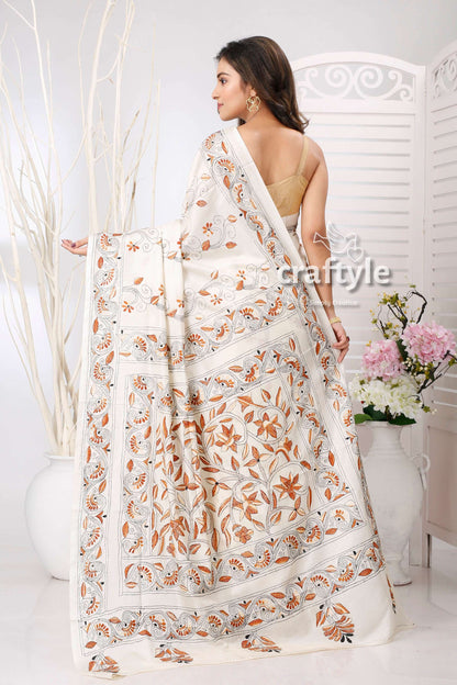 Cream White Multithread Exquisite Kantha Stitch Saree - Craftyle